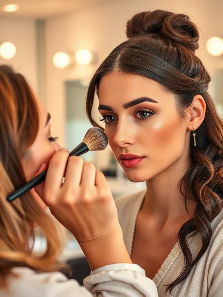 Image of a makeup artist gently touching up a bride's makeup before a wedding ceremony, ensuring she looks her best throughout the event.