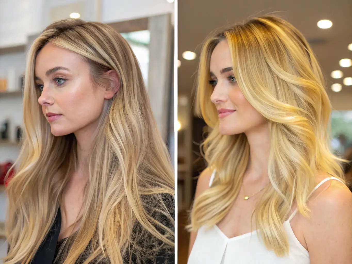 A before-and-after photo showcasing a dramatic yet natural-looking dimensional blonding transformation achieved at Salon@Church. The 'after' photo highlights the client's radiant and healthy-looking blonde hair.