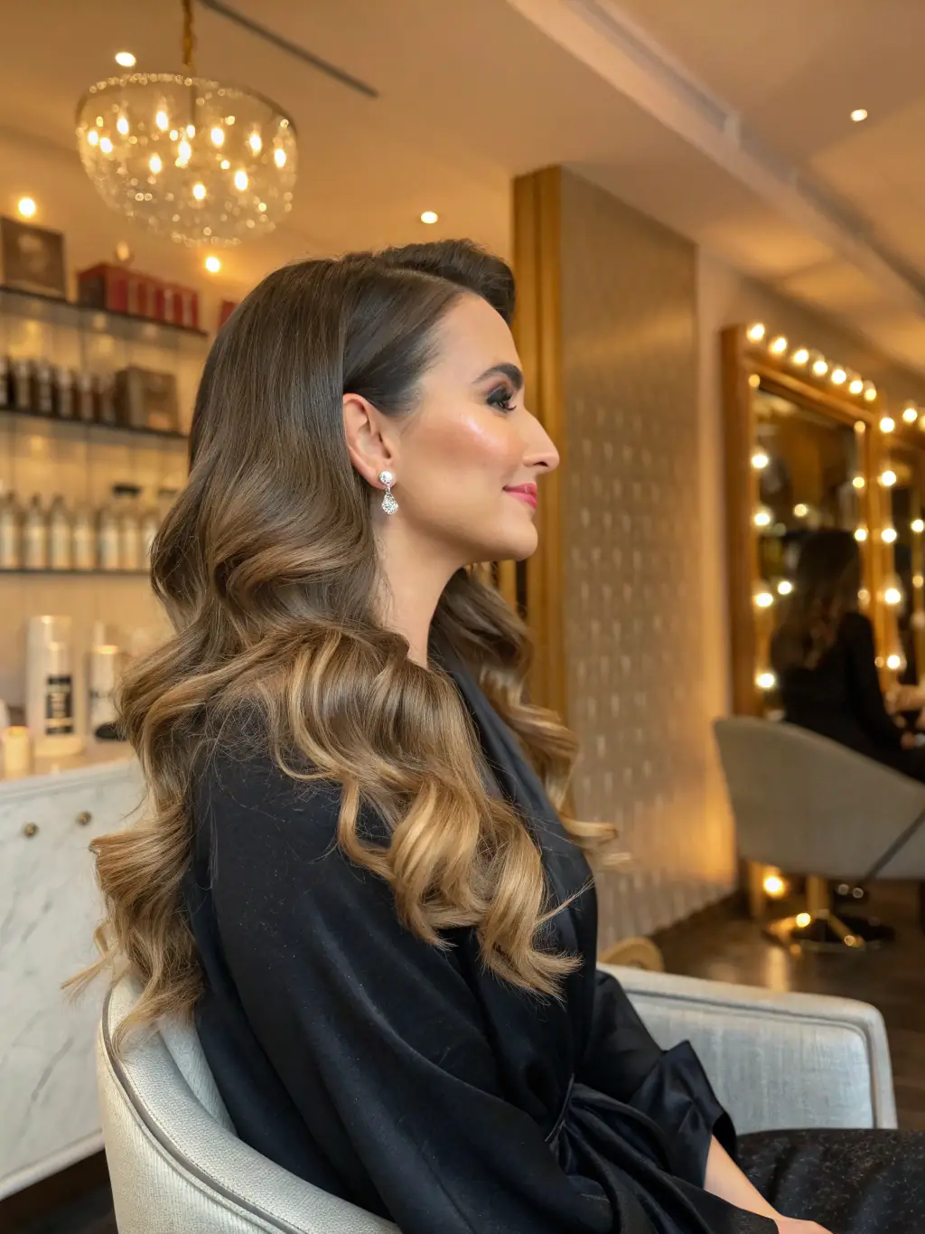A client is pictured several weeks after a color appointment, showing the hair color growing out gracefully and seamlessly, maintaining a polished look.