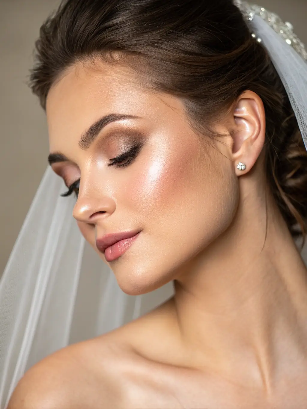Close-up shot of a bride's face with elegant, natural makeup applied by a professional makeup artist in a well-lit salon setting. The focus is on the flawless skin and subtle highlighting.