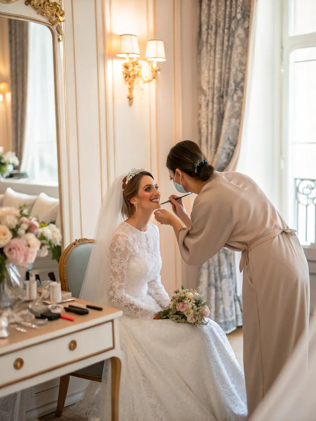 Photo of a makeup artist providing a bridal makeup trial, discussing options with the bride-to-be, with various makeup palettes and brushes visible.