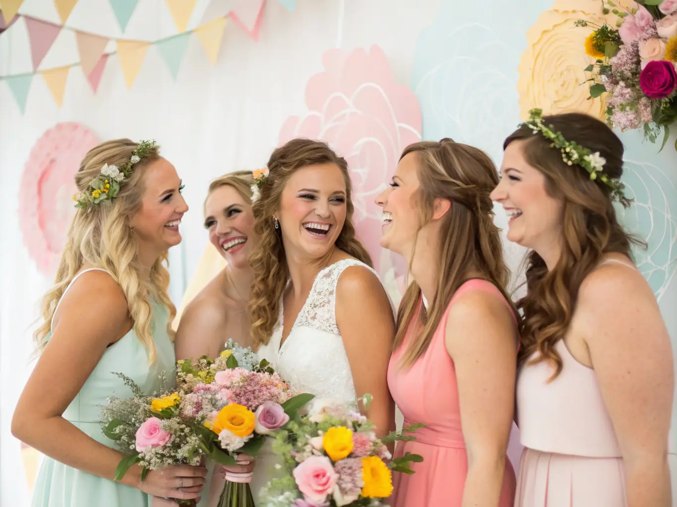 Bridesmaids are laughing and chatting while getting their hair styled by Salon@Church stylists in a relaxed, comfortable setting. The atmosphere is joyful and celebratory, with everyone enjoying the pampering experience.